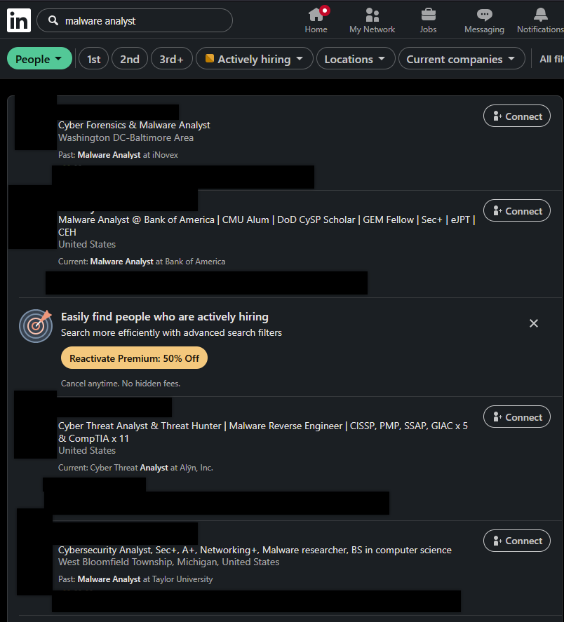 Linkedin Search for Malware Analyst